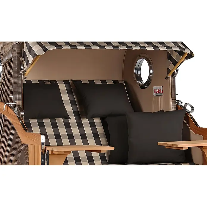 Mr. Deko Strandstuhl Strandkorb Düne Grande Bullauge Teak PE Grey Dessin 505 - 1 Stk., Teakholz. Polyrattan, Rückenlehne verstellbar, PE Grey - Ein klassischer Strandkorb mit schwarz-weiß kariertem Bezug, schwarzen Kissen und hölzernen Armlehnen.
