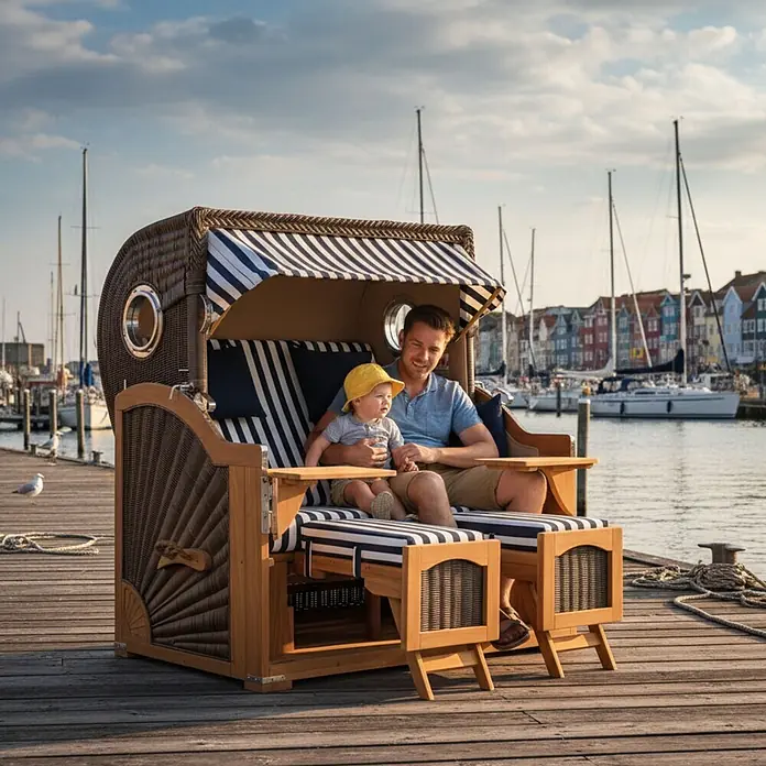 Mr. Deko Strandstuhl Strandkorb Düne Grande Bullauge Teak PE Grey Dessin 518 - 1 Stk., Teakholz. Polyrattan, Rückenlehne verstellbar, PE Grey - Geflochtener Strandkorb mit blau-weiß gestreiften Polstern und Dach, von Mann und Kind auf Holzsteg genutzt.