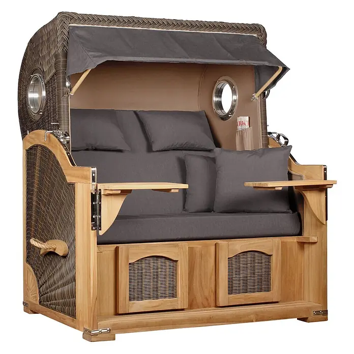 Mr. Deko Strandstuhl Strandkorb Düne Grande Bullauge Teak PE Grey Dessin 551 - 1 Stk., Teakholz. Polyrattan, Rückenlehne verstellbar, PE Grey - Geflochtener Strandkorb mit hellem Holzrahmen, dunkelgrauen Polstern und Verdeck. Mit Bullaugen, Klapptischen und Staufächern.