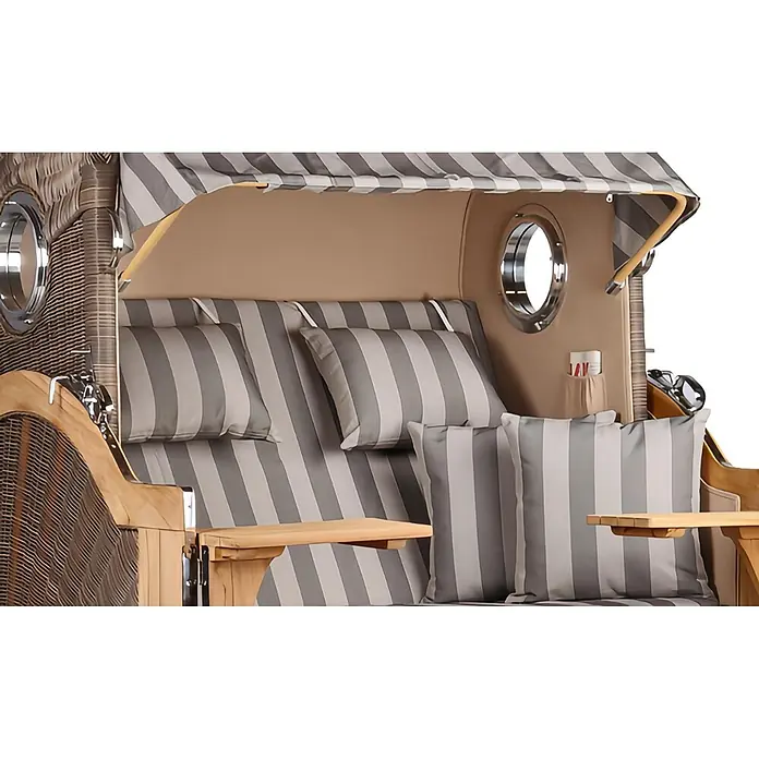Mr. Deko Strandstuhl Strandkorb Düne Grande Bullauge Teak PE Grey Dessin 537 - 1 Stk., Teakholz. Polyrattan, Rückenlehne verstellbar, PE Grey - Strandkorb aus Rattan und Holz mit grau-gestreiften Polstern und Verdeck. Mit runden Seitenfenstern und Klapptischen.