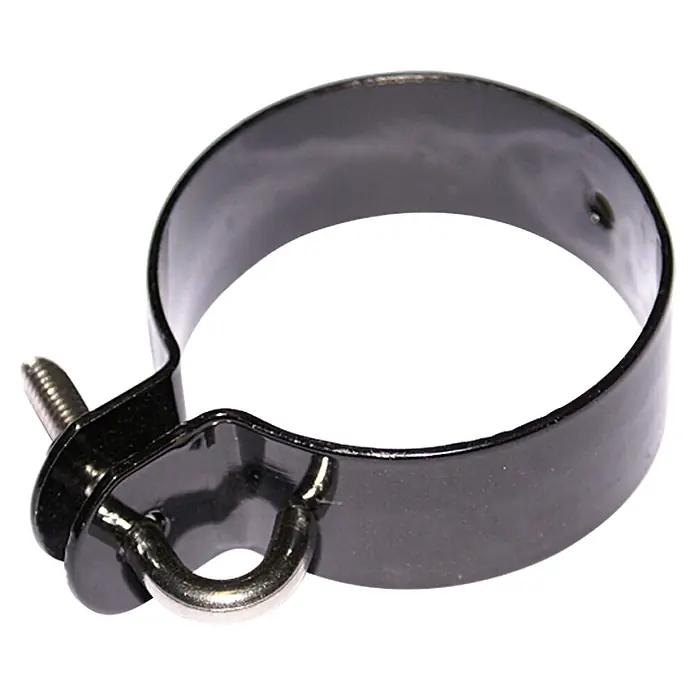 Hadra Zaunschelle - Durchmesser: 60 mm, Schwarz - Das Bild zeigt eine schwarze Rohrschelle mit Schraube und Öse zur Befestigung von Rohren oder ähnlichen Gegenständen.