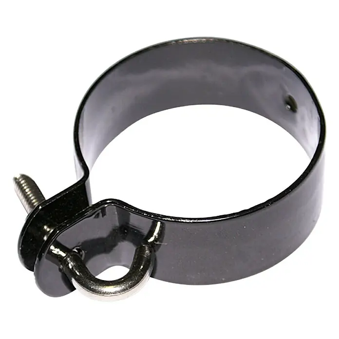 Hadra Zaunschelle - Durchmesser: 60 mm, Schwarz - Das Bild zeigt eine schwarze Rohrschelle mit Schraube und Öse zur Befestigung von Rohren oder ähnlichen Gegenständen.