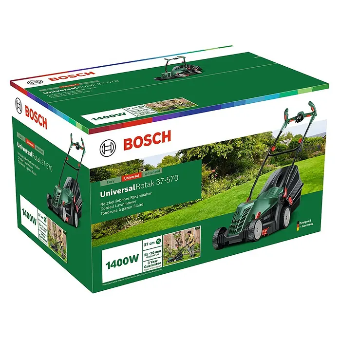 Bosch Universal Elektro-Rasenmäher UniversalRotak 37-570 - 1.400 W, Schnittbreite: 37 cm - Grüner/schwarzer Bosch UniversalRotak 37-570 Elektromäher in grüner Verkaufsverpackung mit Leistung und Schnittbreite.
