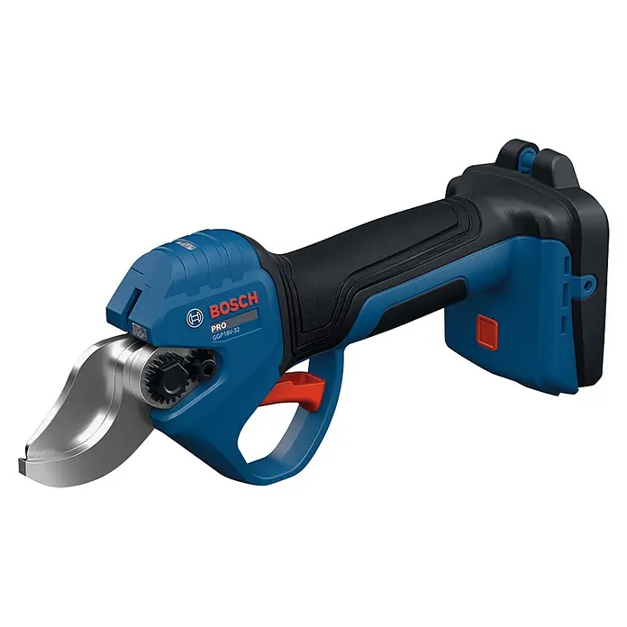 Bosch Akku-Astschere GGP18V-32 - 18 V, Max. Aststärke: 32 mm - Blaue und schwarze Bosch Pro Akku-Gartenschere mit Metallklingen und orangefarbenem Abzug, Modell GGP18V-32.