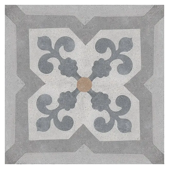Feinsteinzeugfliese Valencia - 20 x 20 cm, Mix, Matt - Dekorative grau-weiße Zementfliese mit Muster, zentralem Terrakotta-Akzent, geometrischen Rändern und floralen Motiven.
