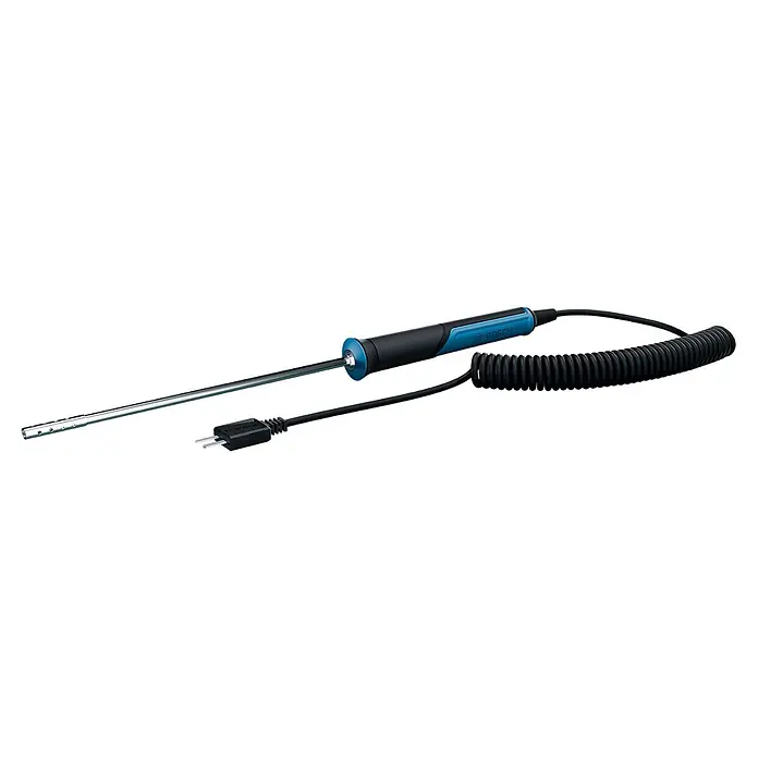 Bosch Professional Temperaturmessgerät Pro - Passend für: Temperaturmessung von Luftströmen - Bosch Temperaturfühler mit blauem/schwarzem Griff, langer silberner Sonde und gewickeltem schwarzem Kabel mit Stecker.