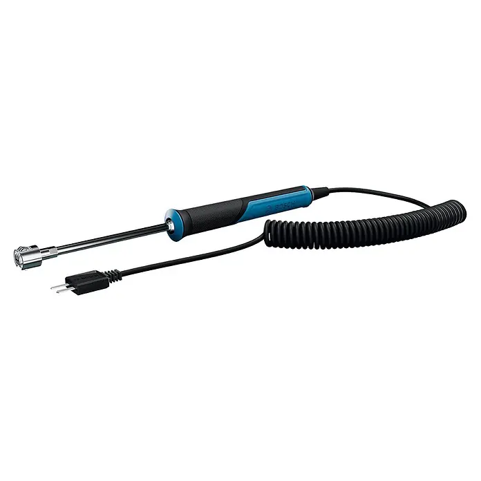 Bosch Professional Temperaturmessgerät Pro - Passend für: Temperaturmessung von Oberflächen - Bosch Bohrer-Staubabsaugung mit schwarz-blauem Griff, Silberschaft und Spiralkabel zur Staubentfernung.