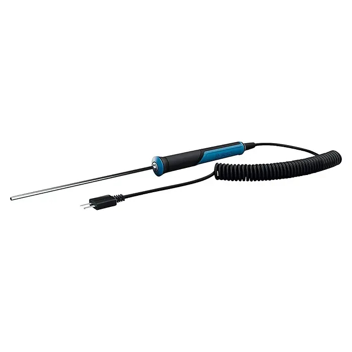 Bosch Professional Temperaturmessgerät Pro - Passend für: Temperaturmessung von Flüssigkeiten - Bosch Messfühler mit silberner Spitze, schwarz-blauem Griff, schwarzem Spiralkabel und zweipoligem Stecker.