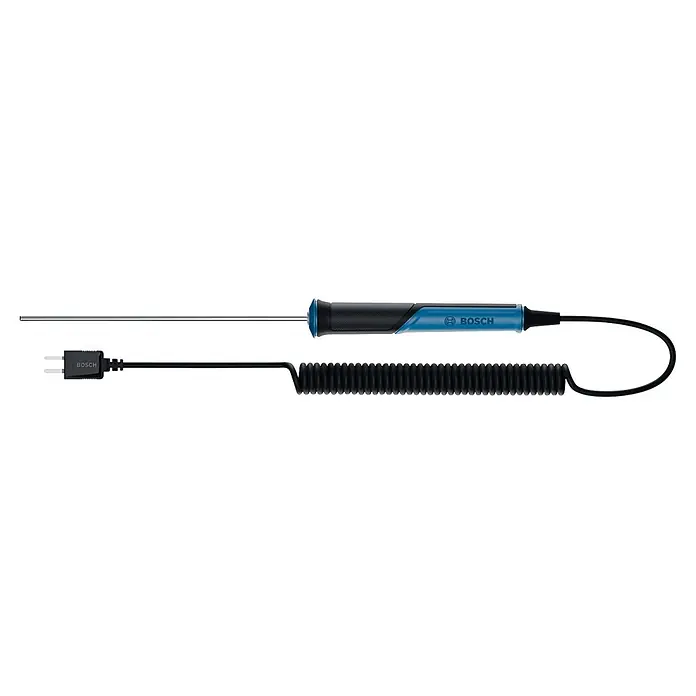 Bosch Professional Temperaturmessgerät Pro - Passend für: Temperaturmessung von Flüssigkeiten - Bosch Diagnosesonde mit blau-schwarzem Griff, silbernem Stab, Spiralkabel und schwarzem Stecker.