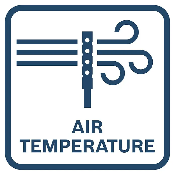 Bosch Professional Temperaturmessgerät Pro - Passend für: Temperaturmessung von Luftströmen - Symbol mit Sensor, Luftstrom und Text 'AIR TEMPERATURE' zur Temperaturüberwachung.