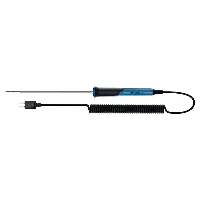 Bosch Professional Temperaturmessgerät Pro - Passend für: Temperaturmessung von Luftströmen - Bosch Sonde mit silberner Spitze, blau-schwarzem Griff und schwarzem Spiralkabel mit Stecker.