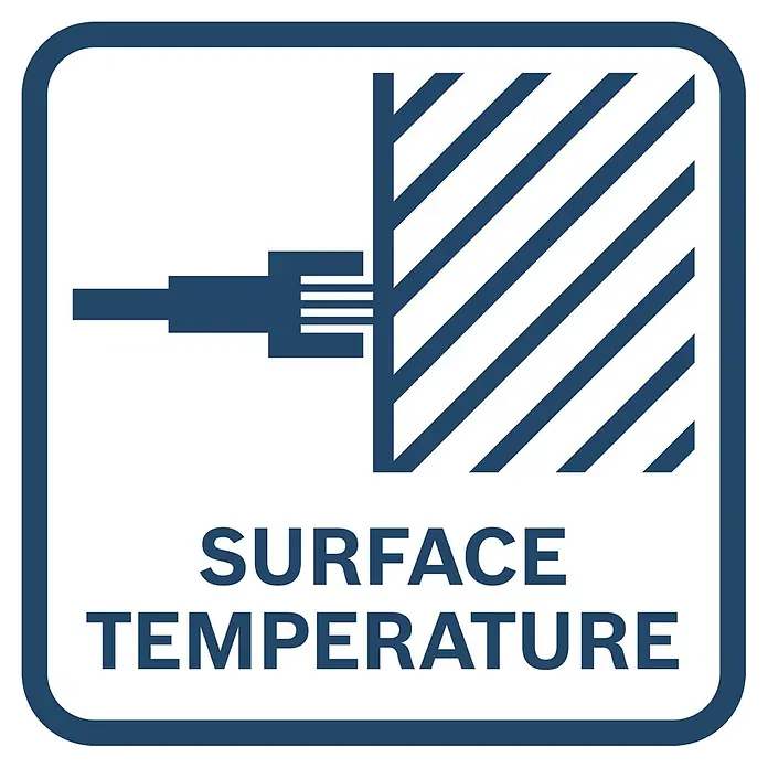 Bosch Professional Temperaturmessgerät Pro - Passend für: Temperaturmessung von Oberflächen - Symbol für Oberflächen-Temperaturmessung: Eine Sonde berührt eine schraffierte Fläche, darunter 'SURFACE TEMPERATURE'.