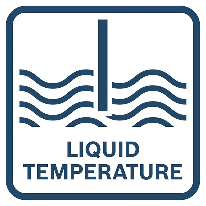 Bosch Professional Temperaturmessgerät Pro - Passend für: Temperaturmessung von Flüssigkeiten - Symbol für Flüssigkeitstemperatur. Zeigt dunkelblaue Wellen und einen vertikalen Balken, mit dem Text „LIQUID TEMPERATURE“.