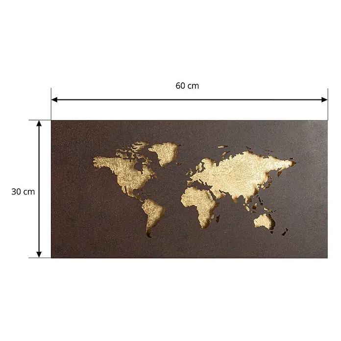 Lucande Wandleuchte World - L x B x H: 4,6 x 60 x 30 cm, braun / rost - Weltkarten-Wandbild, 60x30 cm, mit goldenen Kontinenten auf dunklem, strukturiertem Hintergrund.