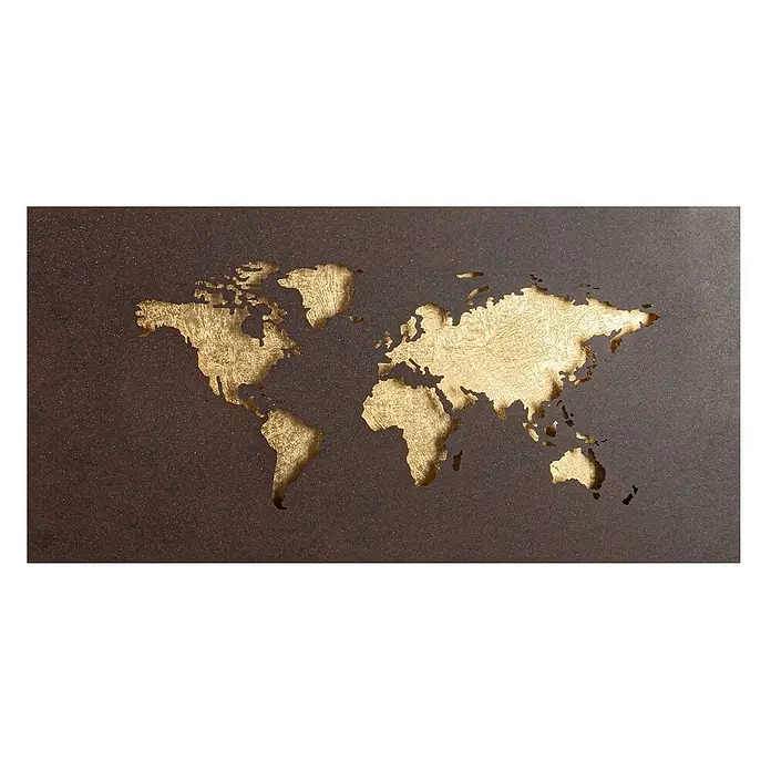 Lucande Wandleuchte World - L x B x H: 4,6 x 60 x 30 cm, braun / rost - Goldene Weltkarte Wanddekoration auf dunklem, texturiertem Hintergrund.