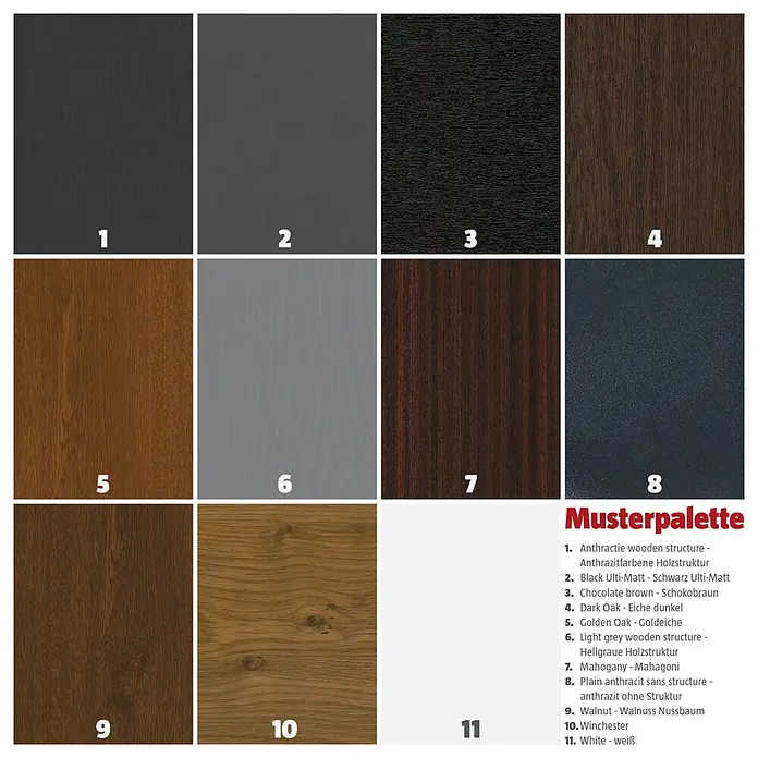 Solid Elements Kunststofffenster nach Maß - BAUHAUS Garantie: 5 Jahre - Farb- und Texturpalette mit 11 Mustern: Anthrazit, Schwarz, verschiedene Brauntöne mit Holzmaserung, Hellgrau und Weiß.
