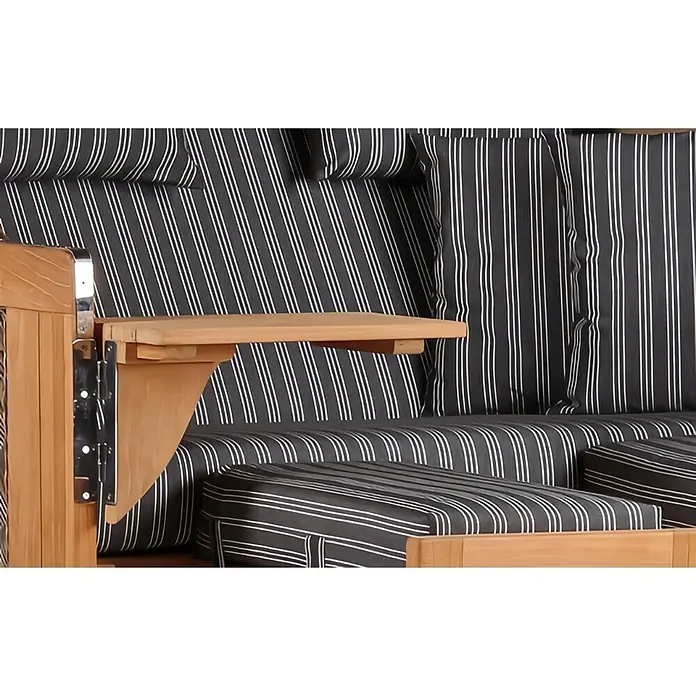 Mr. Deko Strandstuhl Strandkorb Düne Grande Bullauge Teak PE Grey Dessin 500 - 1 Stk., Teakholz. Polyrattan, Rückenlehne verstellbar, PE Grey - Strandkorb aus Holz mit gestreiften Polstern und ausklappbarem Beistelltisch.
