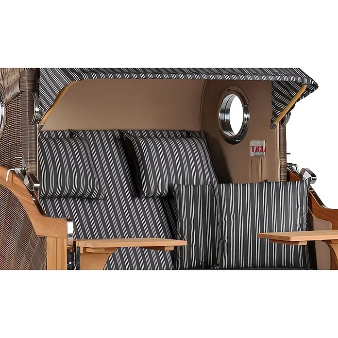 Mr. Deko Strandstuhl Strandkorb Düne Grande Bullauge Teak PE Grey Dessin 500 - 1 Stk., Teakholz. Polyrattan, Rückenlehne verstellbar, PE Grey - Klassischer Strandkorb mit dunkel gestreiftem Verdeck und Kissen, hellen Holzdetails und Bullaugenfenstern.