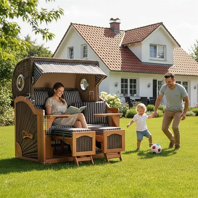 Mr. Deko Strandstuhl Strandkorb Düne Grande Bullauge Teak PE Grey Dessin 500 - 1 Stk., Teakholz. Polyrattan, Rückenlehne verstellbar, PE Grey - Ein Strandkorb aus Holz und Geflecht mit gestreiften Kissen, von einer Frau lesend im Garten genutzt.