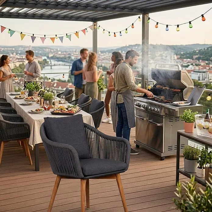 Bene Living Gartenstuhl-Set Solana - 2 Stk., Aluminium mit Teakbeinen, grau, B x T x H: 63 x 59 x 78 cm - Dunkelgrauer Outdoor-Sessel mit Seilgeflecht und Holzbeinen, auf einer Terrasse bei einem Grillfest.