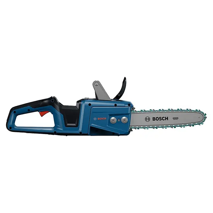 Bosch Professional AMPShare 18V Akku-Kettensäge GKE18V-30 - 18 V, Ohne Akku, Schwertlänge: 30 cm - Eine blaue und schwarze Bosch Akku-Kettensäge mit silberner Führungsschiene und Kette.