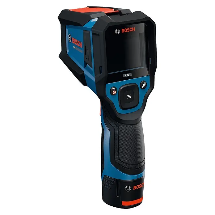 Bosch Professional Thermodetektor Pro GIS12V-800-16 - Messbereich Temperatur: -40 °C - 800 °C, Mit Batterien - Blaue und schwarze Bosch Wärmebildkamera mit orangefarbenem Rand, Bildschirm und Pistolengriff zur Temperaturmessung.