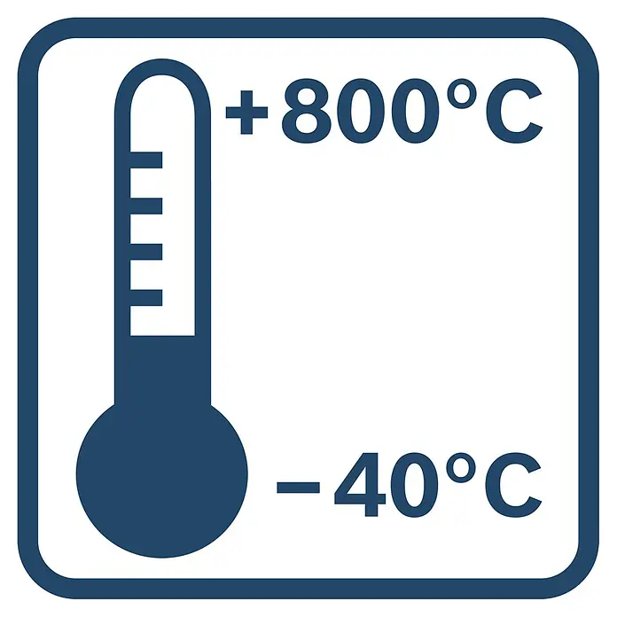 Bosch Professional Thermodetektor Pro GIS12V-800-16 - Messbereich Temperatur: -40 °C - 800 °C, Mit Batterien - Blaues Thermometer-Symbol zeigt Temperaturbereich von +800°C bis -40°C an.