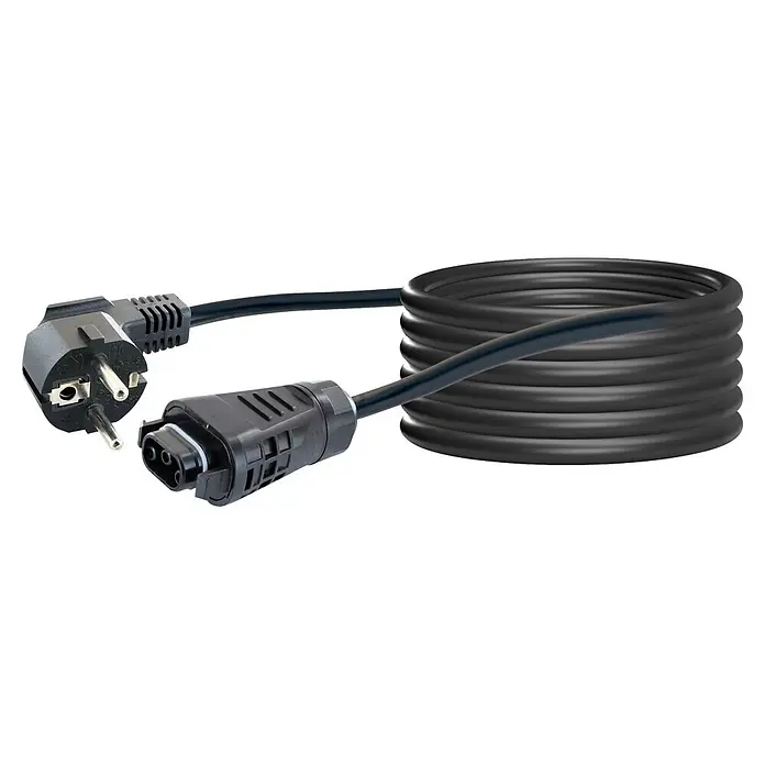 Schwaiger Solarkabel - Kabellänge: 10 m, Passend für: Wechselrichter mit BC05 Anschluss - Schwarzes aufgerolltes Stromkabel mit Schuko-Stecker und Gerätestecker.