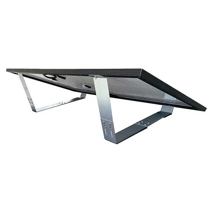 Schwaiger Halterung - Passend für: Solarmodule, 2 Stk. - Unterseite eines schwarzen Solarpanels mit einem silbernen, verstellbaren Metallständer.