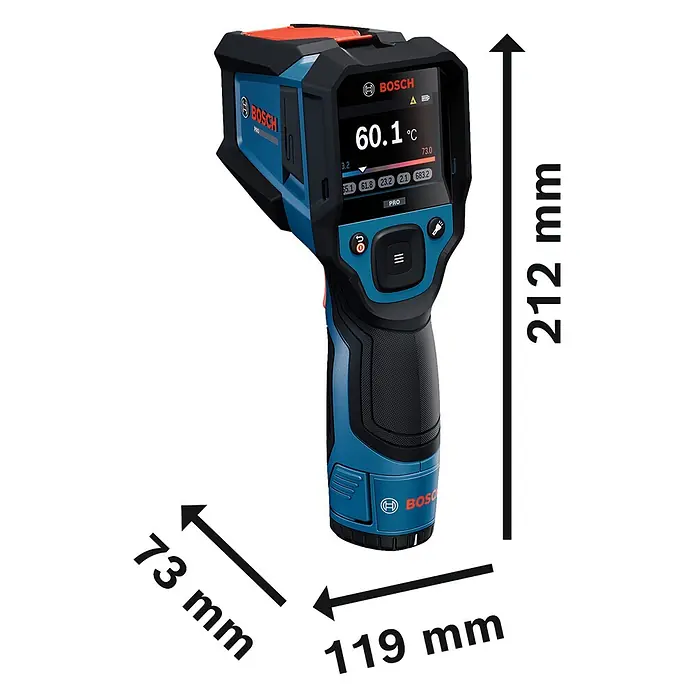 Bosch Professional Thermodetektor Pro GIS12V-800-16 - Messbereich Temperatur: -40 °C - 800 °C, Mit Batterien - Blau-schwarze Bosch Wärmebildkamera mit digitaler Anzeige von 60,1°C, ein professionelles Temperaturmessgerät.