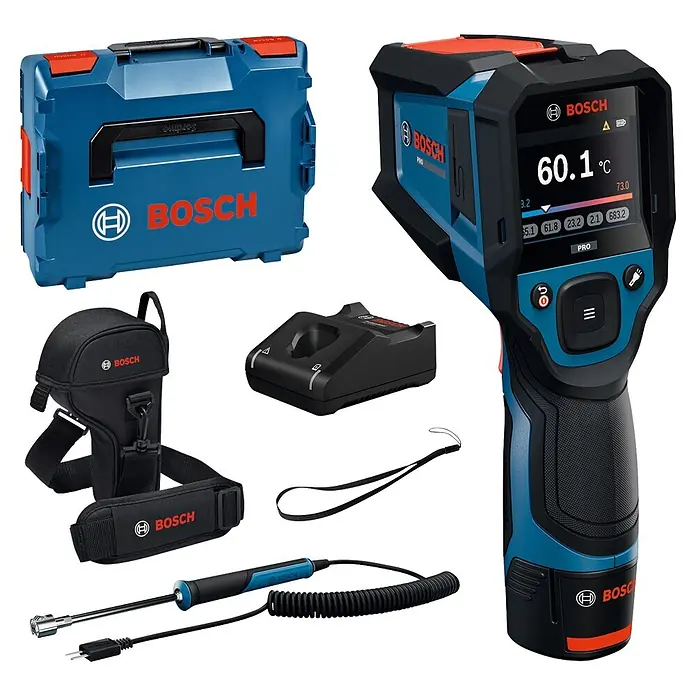 Bosch Professional Thermodetektor Pro GIS12V-800-16 - Messbereich Temperatur: -40 °C - 800 °C, 1 Akku - Bosch blau-schwarzes Wärmebildkamera-Set mit Koffer, Tasche, Ladegerät und Sonde.