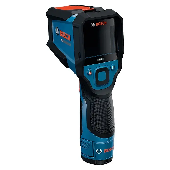 Bosch Professional Thermodetektor Pro GIS12V-700-14 - Messbereich Temperatur: -30 °C - 700 °C, Mit Batterien - Blau-schwarze Bosch Profi-Wärmebildkamera mit orangefarbenen Akzenten und strukturiertem Griff.
