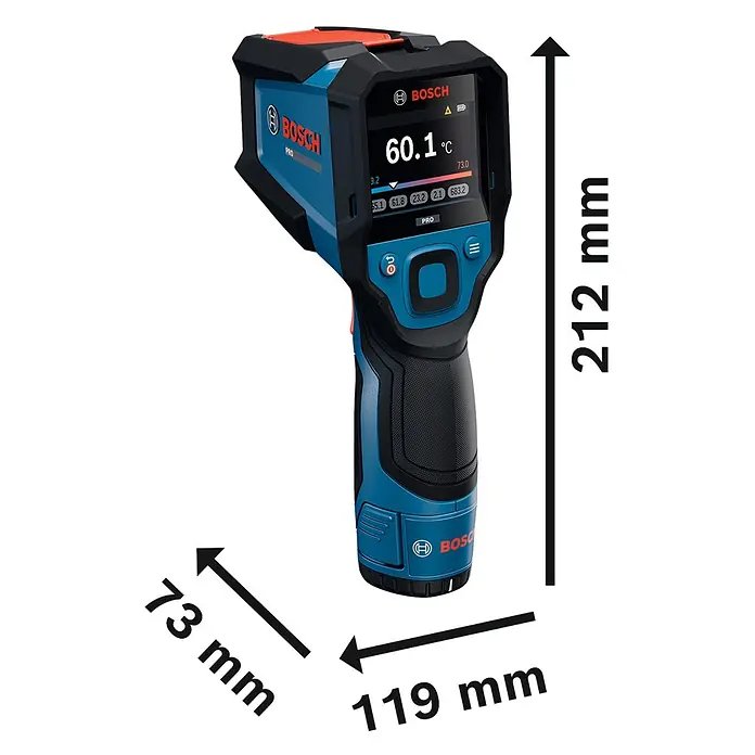 Bosch Professional Thermodetektor Pro GIS12V-700-14 - Messbereich Temperatur: -30 °C - 700 °C, Mit Batterien - Blau-schwarze Bosch Wärmebildkamera zeigt 60,1°C an, Maße 212x119x73 mm.