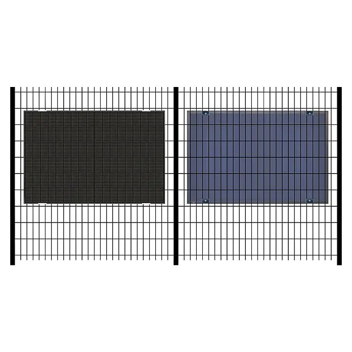 Schwaiger Halterung - Passend für: Solarmodule - Zwei rechteckige Sichtschutzplanen, eine dunkelgraue und eine blaue Netzplane, an einem schwarzen Gitterzaun befestigt.