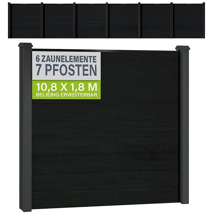 Juskys Zaun-Set Sichtschutzzaun - 1.060 x 192 cm, Anthrazit, 13 -tlg. - Dunkelgraues/schwarzes Sichtschutzzaun-Set, 10,8 x 1,8 m, mit 6 Zaunelementen und 7 Pfosten, erweiterbar.