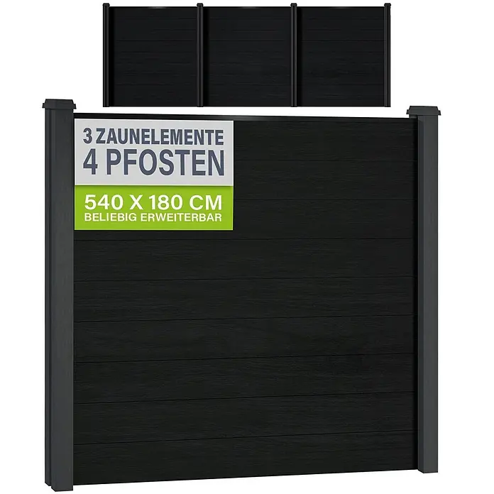Juskys Zaun-Set Sichtschutzzaun - 535 x 192 cm, Anthrazit, 7 -tlg. - Erweiterbares dunkelgraues Sichtschutzzaunsystem, 540 x 180 cm, bestehend aus drei Zaunelementen und vier Pfosten.