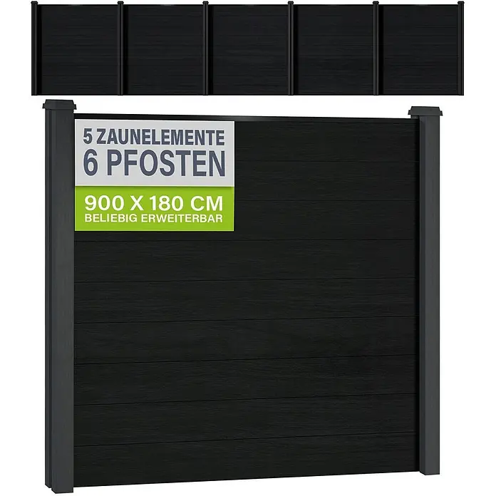 Juskys Zaun-Set Sichtschutzzaun - 885 x 192 cm, Anthrazit, 11 -tlg. - Anthrazitfarbenes WPC-Sichtschutzzaun-Set, 900x180cm, mit 5 Elementen und 6 Pfosten, beliebig erweiterbar.