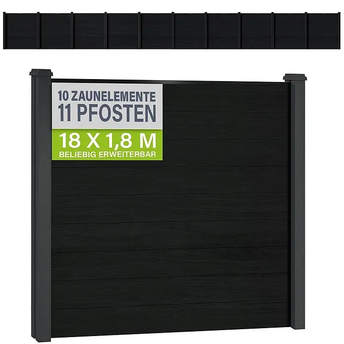 Juskys Zaun-Set Sichtschutzzaun - 1.760 x 192 cm, Anthrazit, 21 -tlg. - Dunkelgraues modulares Zaunsystem: 10 Zaunelemente, 11 Pfosten, Gesamtmaße 18 x 1,8 m.