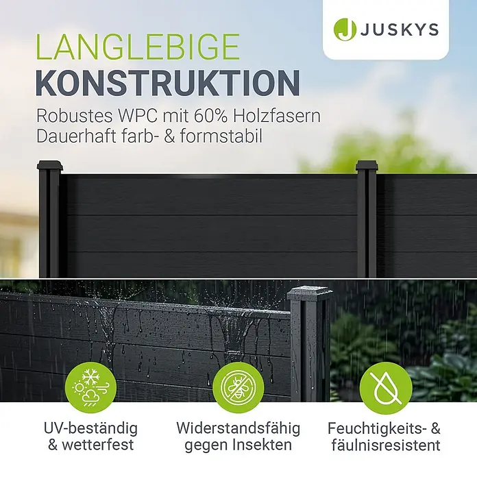Juskys Zaun-Set Sichtschutzzaun - 535 x 192 cm, Anthrazit, 7 -tlg. - Dunkelgrauer, langlebiger WPC-Sichtschutzzaun, wetter- und insektenbeständig.