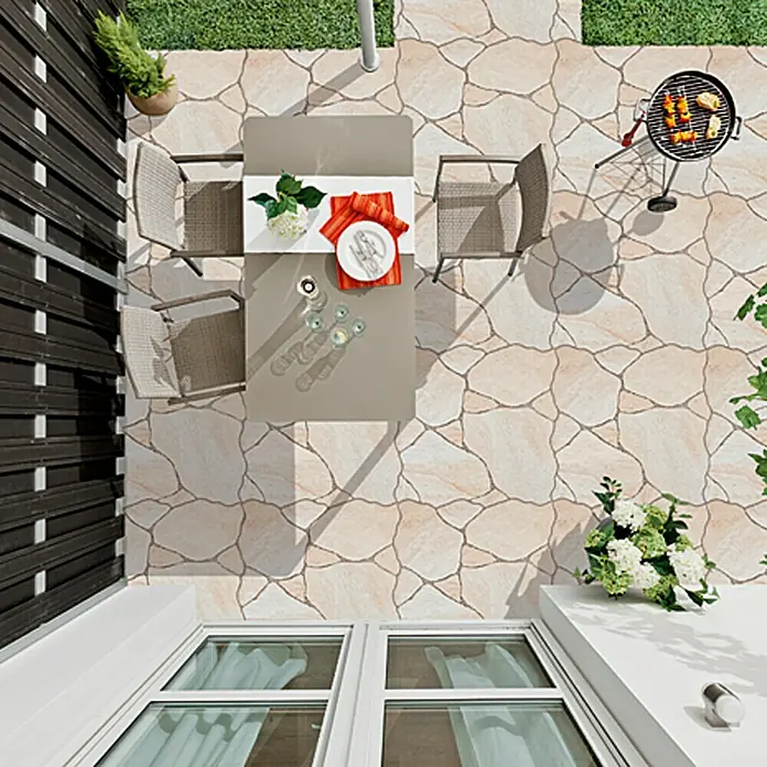 Feinsteinzeugfliese Cala Jet - 45 x 45 cm, Beige, Matt - Draufsicht auf einen einladenden Terrassenbereich mit stilvollem Esstisch, Grill und Sitzgelegenheiten auf einem attraktiv gemusterten Boden.