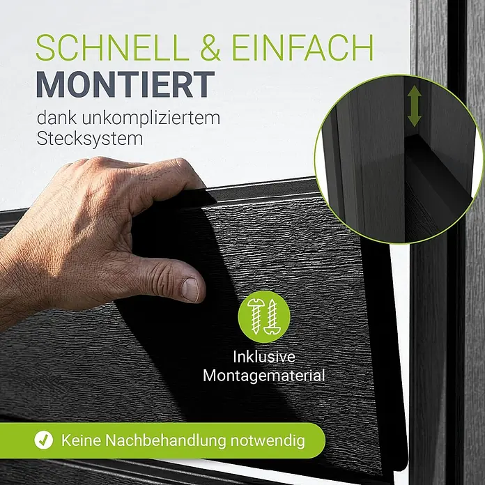 Juskys Zaun-Set Sichtschutzzaun - 535 x 192 cm, Anthrazit, 7 -tlg. - Dunkelgraues, strukturiertes Plattensystem, das die einfache Steckverbindung und das inkludierte Montagematerial zeigt.