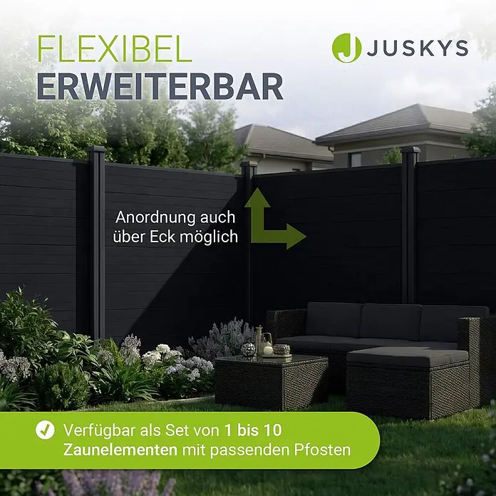 Juskys Zaun-Set Sichtschutzzaun - 535 x 192 cm, Anthrazit, 7 -tlg. - Schwarzer Sichtschutzzaun, flexibel und erweiterbar, auch über Eck aufstellbar. Ideal für den Garten.
