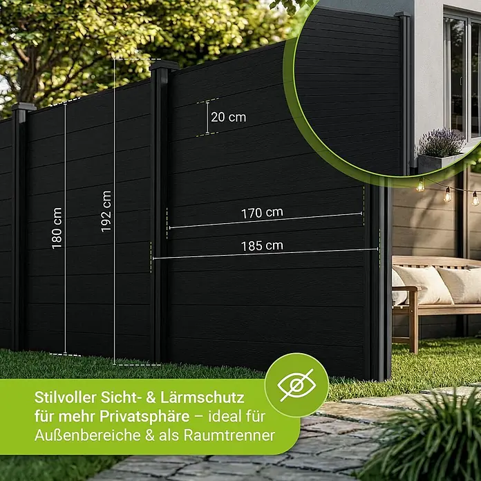 Juskys Zaun-Set Sichtschutzzaun - 360 x 192 cm, Anthrazit, 5 -tlg. - Schwarzer Sichtschutz- und Lärmschutz-Zaun im Garten, Maße angezeigt.