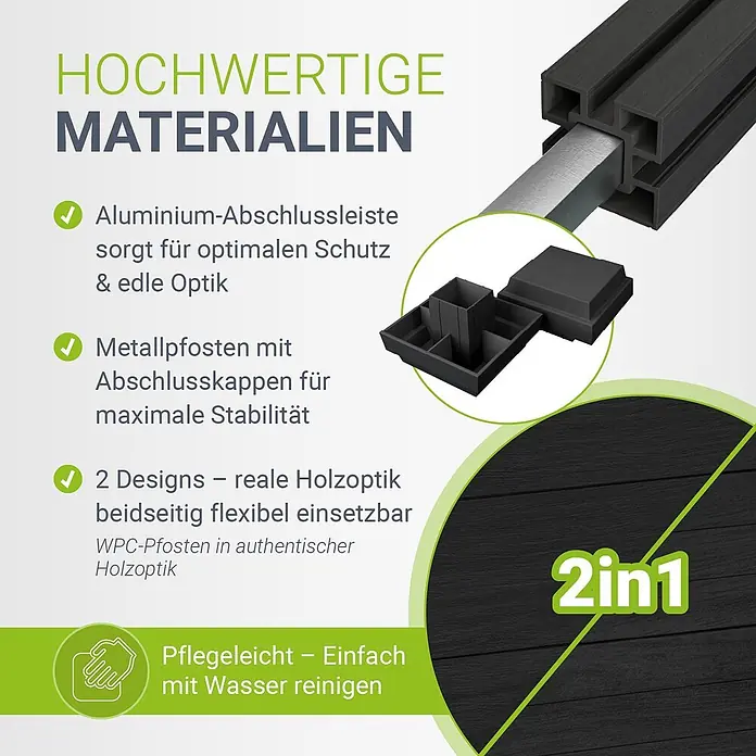 Juskys Zaun-Set Sichtschutzzaun - 360 x 192 cm, Anthrazit, 5 -tlg. - Dunkelgraue WPC-Zaunsystemdetails: Pfosten mit Aluminiumkern, Abschlusskappen und eine Platte mit reversiblem Holzmaserungsdesign.