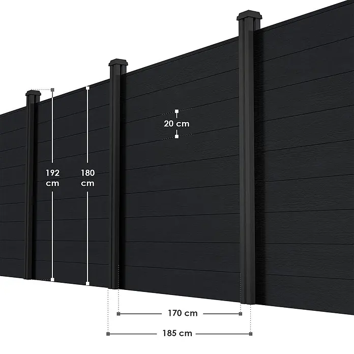 Juskys Zaun-Set Sichtschutzzaun - 710 x 192 cm, Anthrazit, 9 -tlg. - Dunkelgrauer Kompositzaun mit schwarzen Pfosten, Maße sind angezeigt.