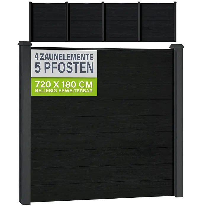 Juskys Zaun-Set Sichtschutzzaun - 710 x 192 cm, Anthrazit, 9 -tlg. - Dunkelgraues WPC-Sichtschutzzaun-Set mit 4 Elementen, 5 Pfosten, 720x180 cm, erweiterbar.
