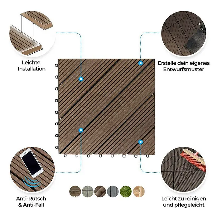 Floordirekt Klickfliese WPC Classic Dunkelbraun 30 x 30 cm - 30 x 30 x 2,2 cm, 1 Stk. - Braune ineinandergreifende Terrassenfliesen mit Merkmalen wie einfacher Installation, rutschfester Oberfläche und anpassbaren Mustern.