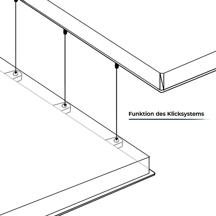 Floordirekt WPC-Klickfliese Classic Grau 30 x 30 cm 11er-Set -  - Diagramm eines Klicksystems: Mehrere Befestigungselemente verbinden zwei rechteckige Paneele.