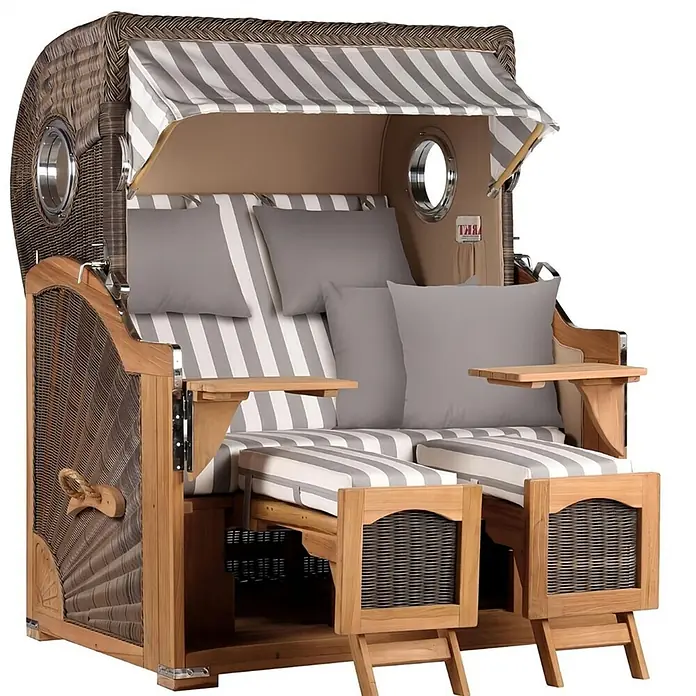 Mr. Deko Strandstuhl Strandkorb Düne Grande Bullauge Teak PE Grey Dessin 513 - 1 Stk., Teakholz. Polyrattan, Rückenlehne verstellbar, PE Grey - Strandkorb aus Korbgeflecht und Holz mit grau-weiß gestreiften Polstern, passendem Verdeck und Beistelltischen. Bietet bequeme Sitzgelegenheiten und ausklappbare Fußstützen.