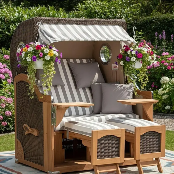 Mr. Deko Strandstuhl Strandkorb Düne Grande Bullauge Teak PE Grey Dessin 513 - 1 Stk., Teakholz. Polyrattan, Rückenlehne verstellbar, PE Grey - Brauner Strandkorb aus Korbgeflecht und Holz mit grau-weiß gestreiften Polstern, Fußstützen und Ablagen im Garten, dekoriert mit Blumen.